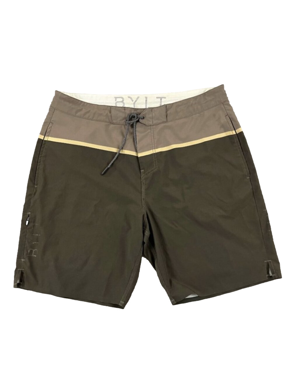 BYLT Men's Unlined Coastal Board Shorts in Neutral Brown Green 9" Inseam - Small